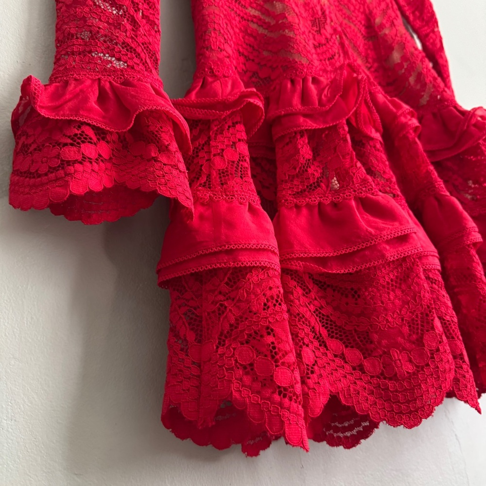 Jonathan Simkhai Red Lace Ruffle Mini Dress Long Sleeve Scallop Cocktail XS sz2 - Picture 4 of 15